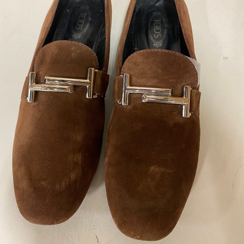 Tod's Brown Suede Loafers 7.5 Silver T-Bar